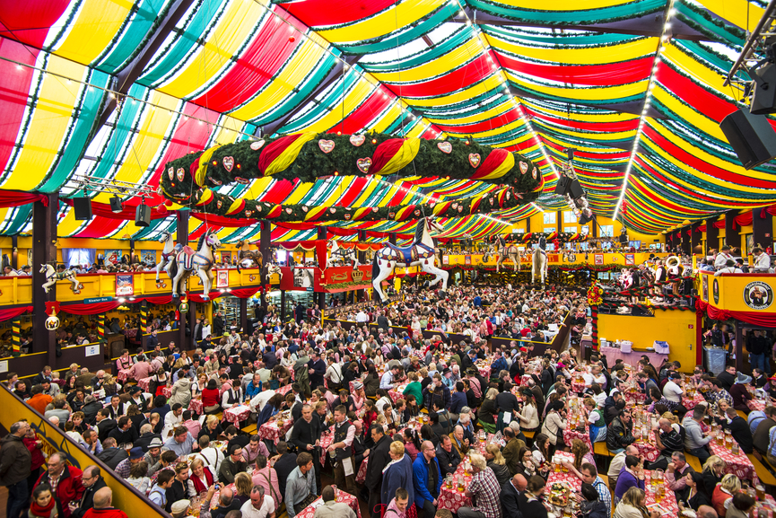 Image of inside the large Hippodrom Beer tent at Munich Oktoberfest.