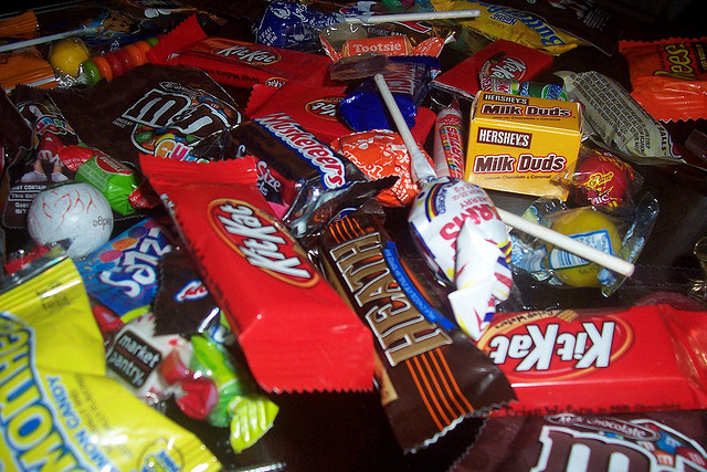 Image of candy bars and snacks at Halloween.