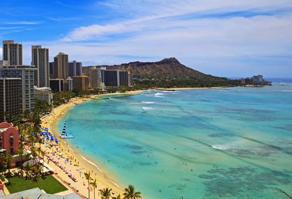 Image of hotels and ocean at Waikiki Beach in Hawaii.