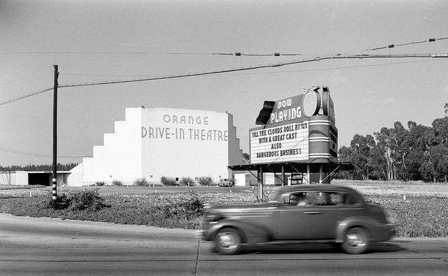 Image of drive in movie theater from years past.