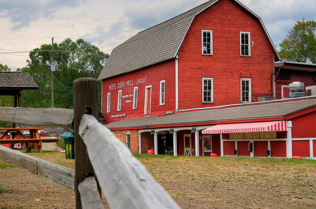 Image of red bard at Yates Cider Mill in Michigan.