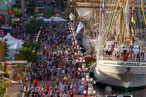 Image of crowd at dock of Tall Ship.