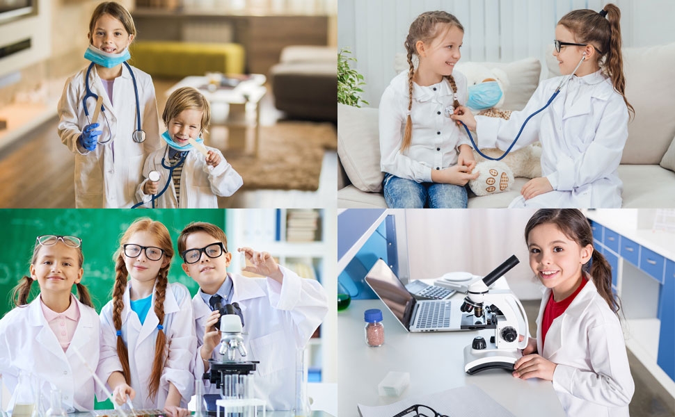 White Lab Coat for Kids, Doctor Coat with Working Stethoscope&ID Card,Doctor Scientist Dress Up 