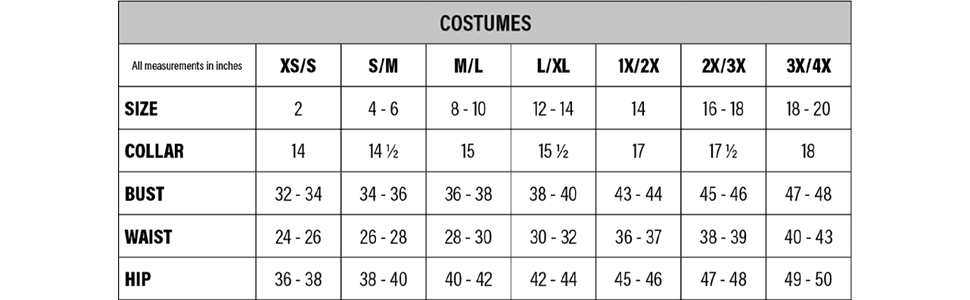 113505 Costumes size chart